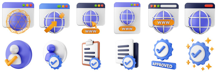 3d website webpage approved data digital communication icon set bundle illustration