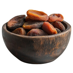 Dried apricots in wooden bowl healthy snack food still life art isolated on transparent background, png 