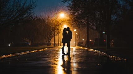 Romantic Encounter: Silhouette of a Couple Embracing in the Rainy Urban Night