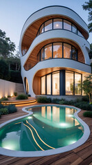 Scenic modern villa design with curved architecture and relaxing swimming pool building exterior wallpaper background