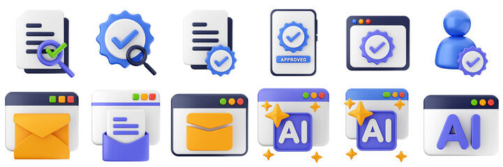 3d website webpage approved data digital communication icon set bundle illustration