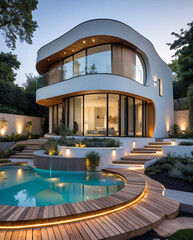 Stunning modern white villa architecture beside swimming pool under sunny sky building exterior wallpaper background