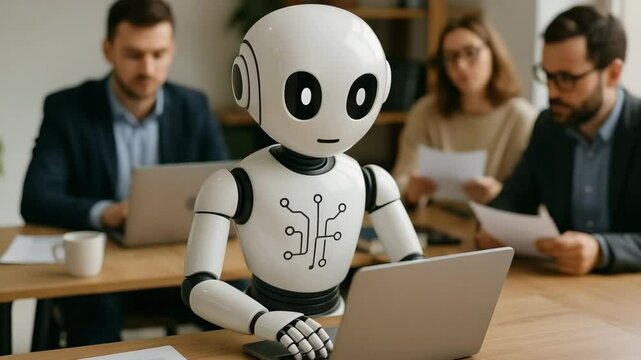 A friendly humanoid robot works on a laptop while colleagues analyse documents in the background. Concept of collaborative ai in modern workplace.