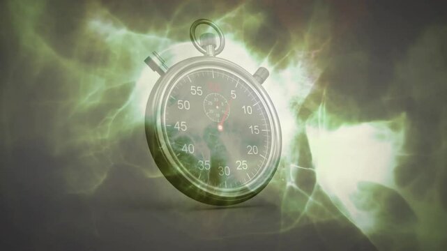 Stopwatch materializing on grey plane causing green aura swirling tilting ticking visualizing time