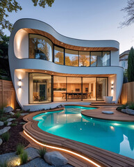 Sunlit villa facade white and curved with crystal outdoor swimming pool building exterior wallpaper background