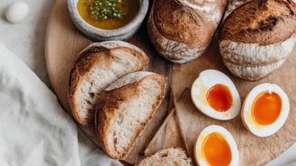 Naklejka premium Rustic bread and soft-boiled eggs served on a wooden board with a small bowl of seasoning, creating a cozy and wholesome breakfast setting.