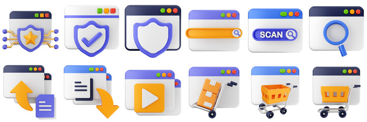 3d website webpage approved data digital communication icon set bundle illustration