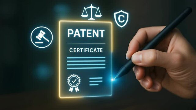 A stylus signs a glowing patent certificate surrounded by gavel, scale and copyright icons. Concept of intellectual property protection.