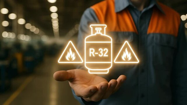 A factory worker presents a glowing r-32 gas cylinder flanked by flame triangles in open palm. Concept of industrial safety awareness.