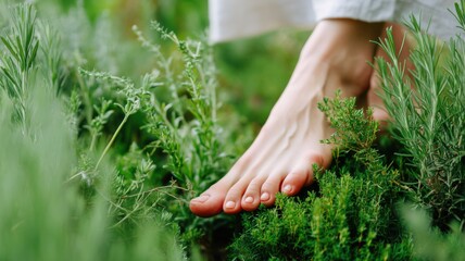 Fototapeta premium Bare feet gently walking through lush green herbs, connecting with nature in a serene garden setting.