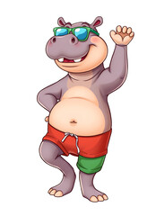 Cool Hippo in Sunglasses and Swim Trunks Waving