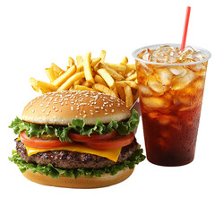 Delicious cheeseburger with fries and soda for fast food concept isolated on transparent background, png 