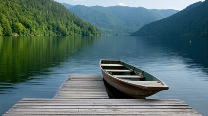 A wooden boat rests on a dock extending into a calm lake surrounded by lush green forested mountains under a clear sky.