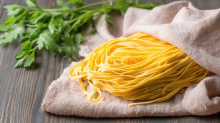Fresh uncooked pasta nests on a cloth beside green parsley on a rustic wooden surface, showcasing simple, natural ingredients for Italian cooking.