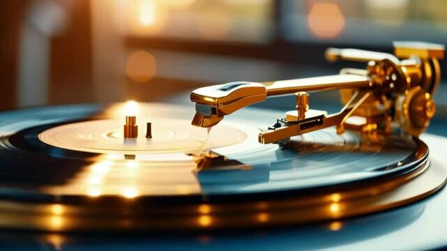 A golden vinyl record spins on a modern turntable, with the needle in place. The background is blurred, creating a sense of focus on the record.