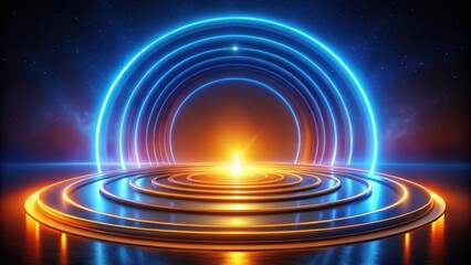 Obraz premium Abstract Futuristic Stage Design with Glowing Neon Rings and a Central Light Source, Ideal for Presentations and Showcases