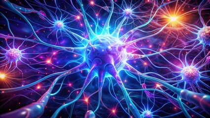 Vibrant Neural Network A Close-Up Visualization of Interconnected Neurons and Synaptic Connections