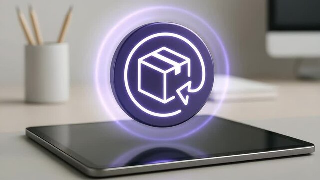A glowing parcel-return icon floats above a sleek phone on a neat desk. Concept of hassle-free e-commerce returns.