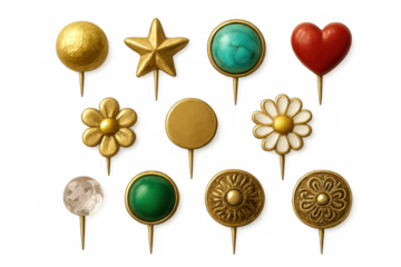Decorative pins displaying multiple geometric and organic shapes in gold, turquoise, green, red, white colors, arranged against translucent surface
