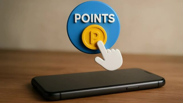 A golden points token pops above a phone screen while a cartoon hand clicks. Concept of mobile loyalty reward engagement.
