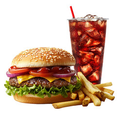 Delicious burger with fries and cola drink tasty fast food meal isolated on transparent background, png 