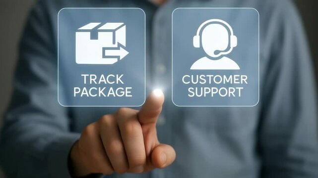A fingertip taps transparent icons labeled “track package” and “customer support” on a floating glass panel. Concept of intuitive after-sale service in modern ecommerce.