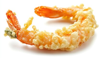 Deep-fried shrimp, coated in light-brown tempura batter, presented in profile against white background