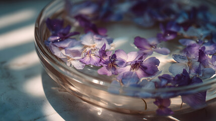 Delicate purple flowers in a glass bowl.