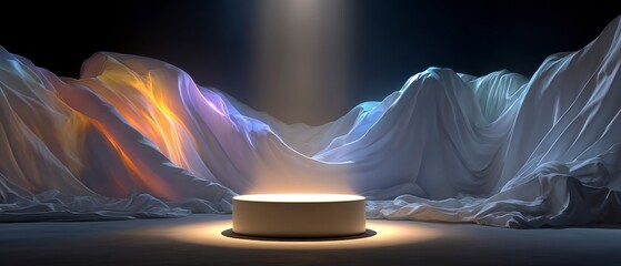 Illuminated Round Podium on Draped Fabric Background
