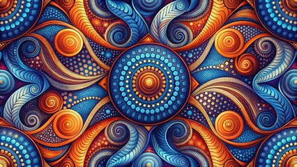 Abstract swirling mandala design with vibrant blue and orange hues, featuring intricate patterns and concentric circles, creating a visually captivating and richly detailed artwork.