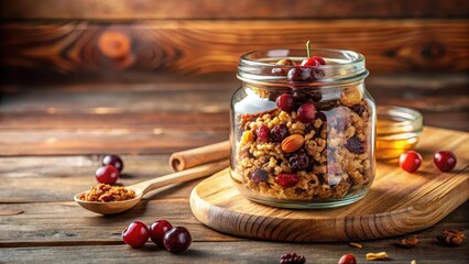 A delightful homemade granola blend with sweet cherries, crunchy nuts, and dried fruits in a clear glass jar, ready for a wholesome breakfast
