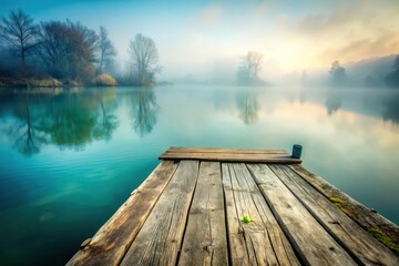 Serene Dawn on a Misty Lake Wooden Dock Extending into Calm Waters Reflected by Trees