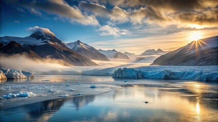 Serene Glacial Landscape at Sunset Majestic Mountains, Misty Valley, and Calm Waters Reflecting Golden Light