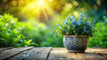 Serene blue blossoms in a decorative pot on rustic wood, bathed in sunlight's gentle glow, a tranquil garden scene
