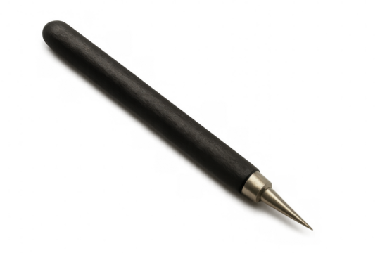 Black precision drafting compass with metal point, lying flat on clean surface, useful for architectural drawing and technical sketching