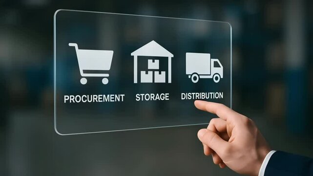 A fingertip selects procurement, storage and distribution icons on a glass interface. Concept of end to end supply chain management.