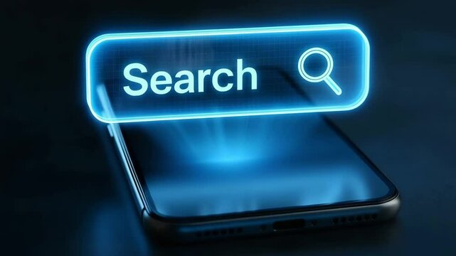 A neon blue search bar hovers above a dark smartphone screen ready for a query. Concept of seamless mobile information access.


