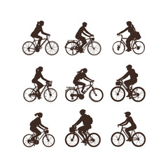 Naklejka premium People Riding Bicycles Silhouettes Set
