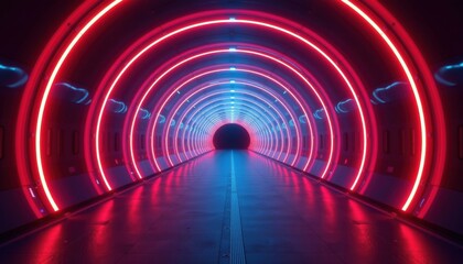 A mesmerizing tunnel illuminated with vibrant red and blue neon lights, creating a futuristic and immersive atmosphere. The symmetrical design draws the eye towards a distant point.