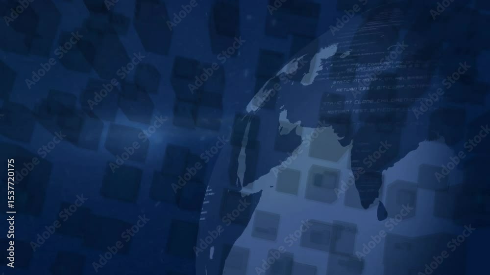 Poster grid filling initiating globe emerging rotating under beam with scrolling data for visualization