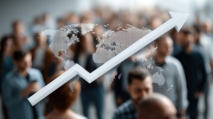 Global Growth: Upward Trend in Worldwide Business and Market Expansion, Indicated by Rising Arrow Overlapping World Map Amidst a Blurred Crowd of People.