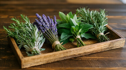 Fresh herbs in a wooden tray.