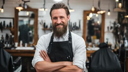 Confident barber smiling with arms crossed, standing proudly in his modern barbershop, showcasing professionalism and expertise in men's grooming