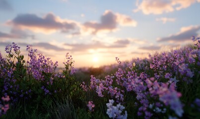 Fototapeta premium landscape with flowers evening photorealism, Generative AI
