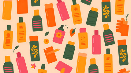 Vibrant Beauty Product Pattern: Colorful Bottles & Packaging Design