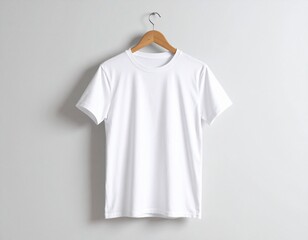 White t-shirt mockup on hanger, minimalist background, front view