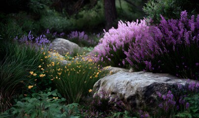 Obraz premium landscape with flowers evening photorealism, Generative AI