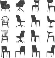 Minimalist Chair Silhouette Collection in Grid Layout Featuring Diverse Designs