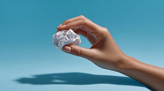 A Hand Holding a Crumpled White Paper Ball Against a Clean Blue Background, Depicting Writer's Block, Frustration, or Waste, Suitable for Creative and Business Concepts