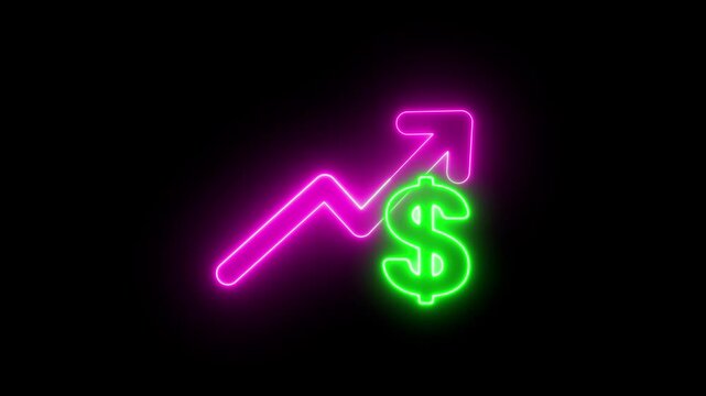Animation with neon light effect of an upward arrow icon and a money sign